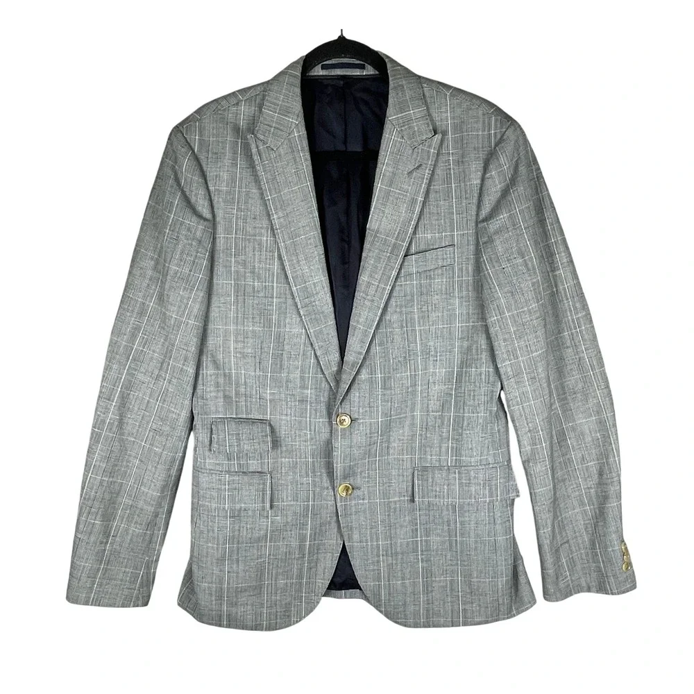 J.Crew Ludlow Blazer Men 40R Grey Excellent Wool Linen Plaid Ticket Pocket A0487